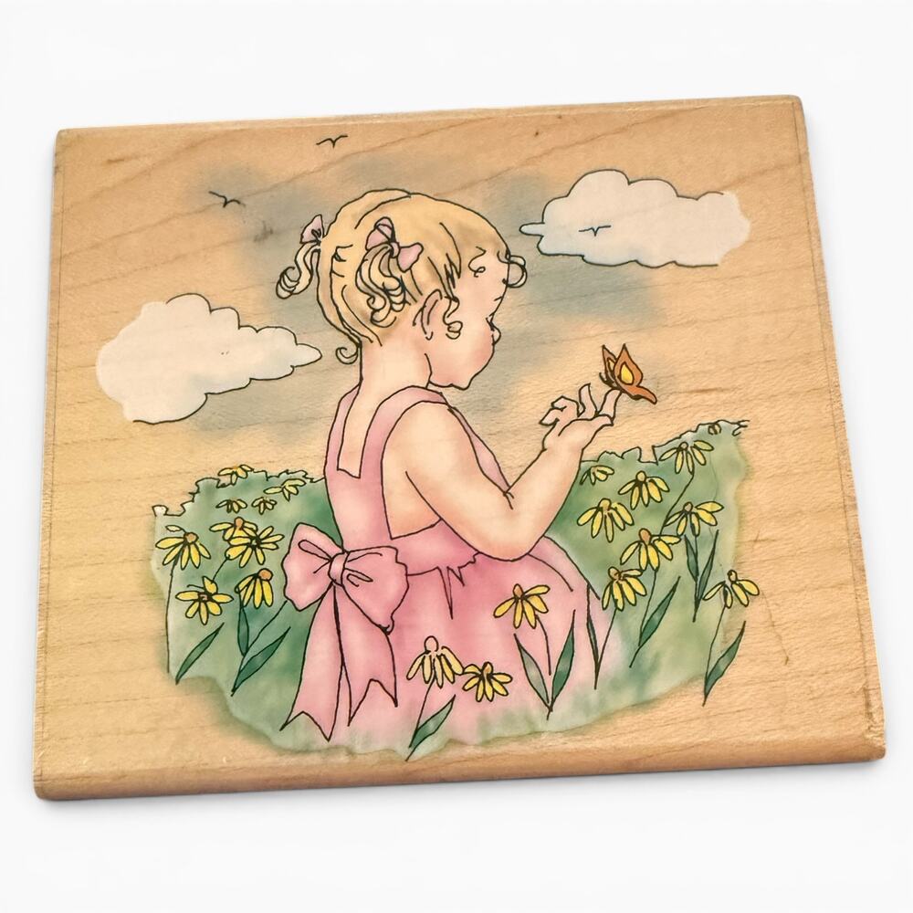 Inkadinkado Nancy Cole Girl In Field Of Flowers With Butterfly 9082 Rubber Stamp